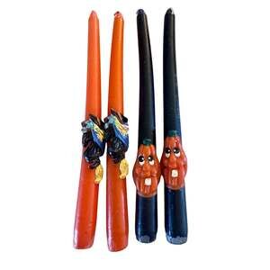 Vintage Halloween 10 Inch Taper Candles 2 Flying Witches 2 Jack-O-Lantern Pumkin
